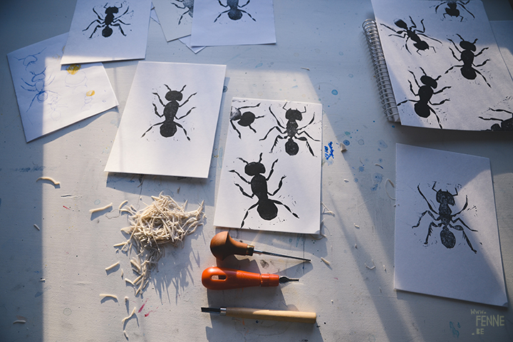 Ants, experiments, printmaking, block printing, Sweden, artist, www.Fenne.be