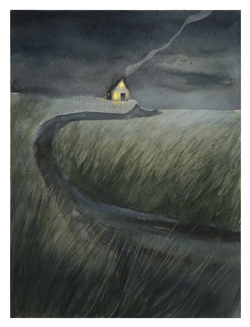 Cabin illustration, dark and moody day, autumn illustration, www.Fenne.be