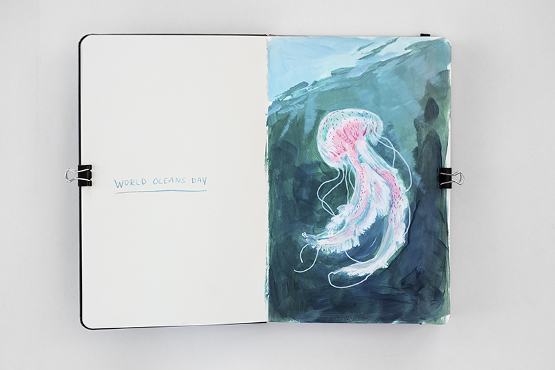 World oceans day, June 8th, jelly fish painting, Moleskine sketchbook, illustration artist, www.Fenne.be