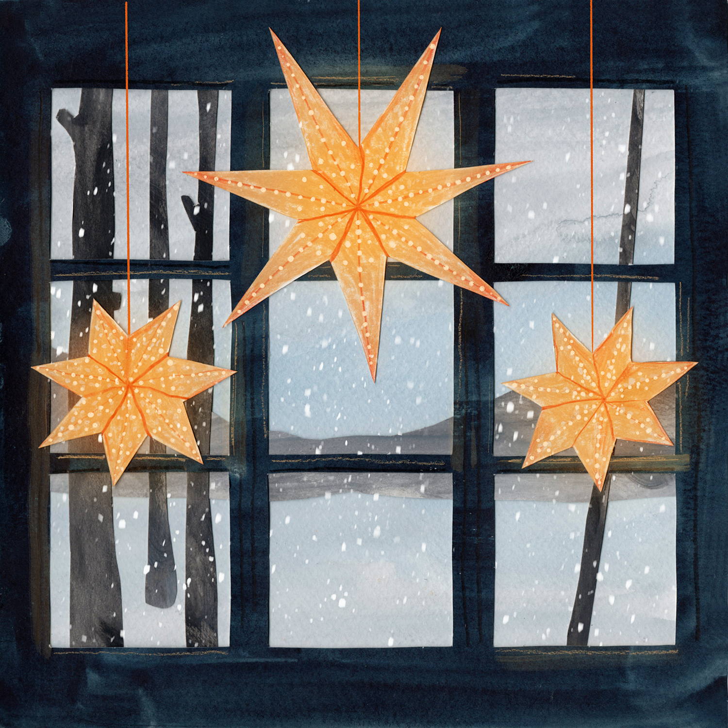 Christmas lights in the shape of stars in the windows in Sweden/Scandinavia, Ikea star lights, illustrated hygge Christmas winter, www.Fenne.be