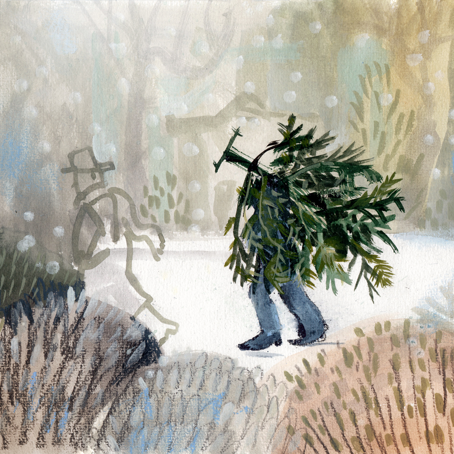Oldschool illustrated outfit, person carrying a Christmas tree home, www.Fenne.be