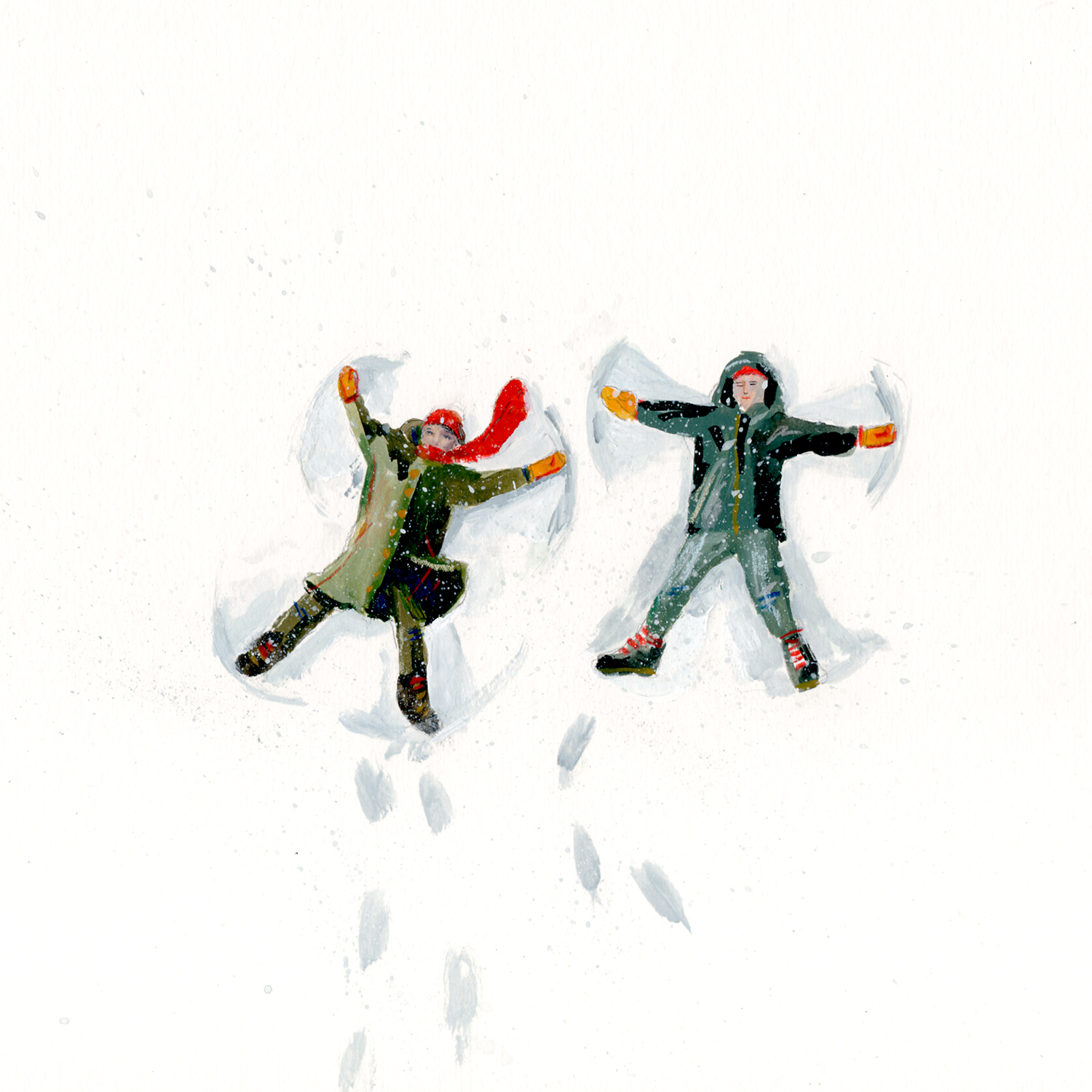 two people making snow angles, illustrated winter painting, www.Fenne.be